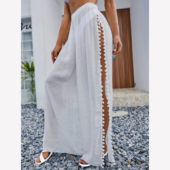 🐚 TALL WHITE POM POM SLIT HIGH WAIST BEACH PANTS! - Picture 7 of 12